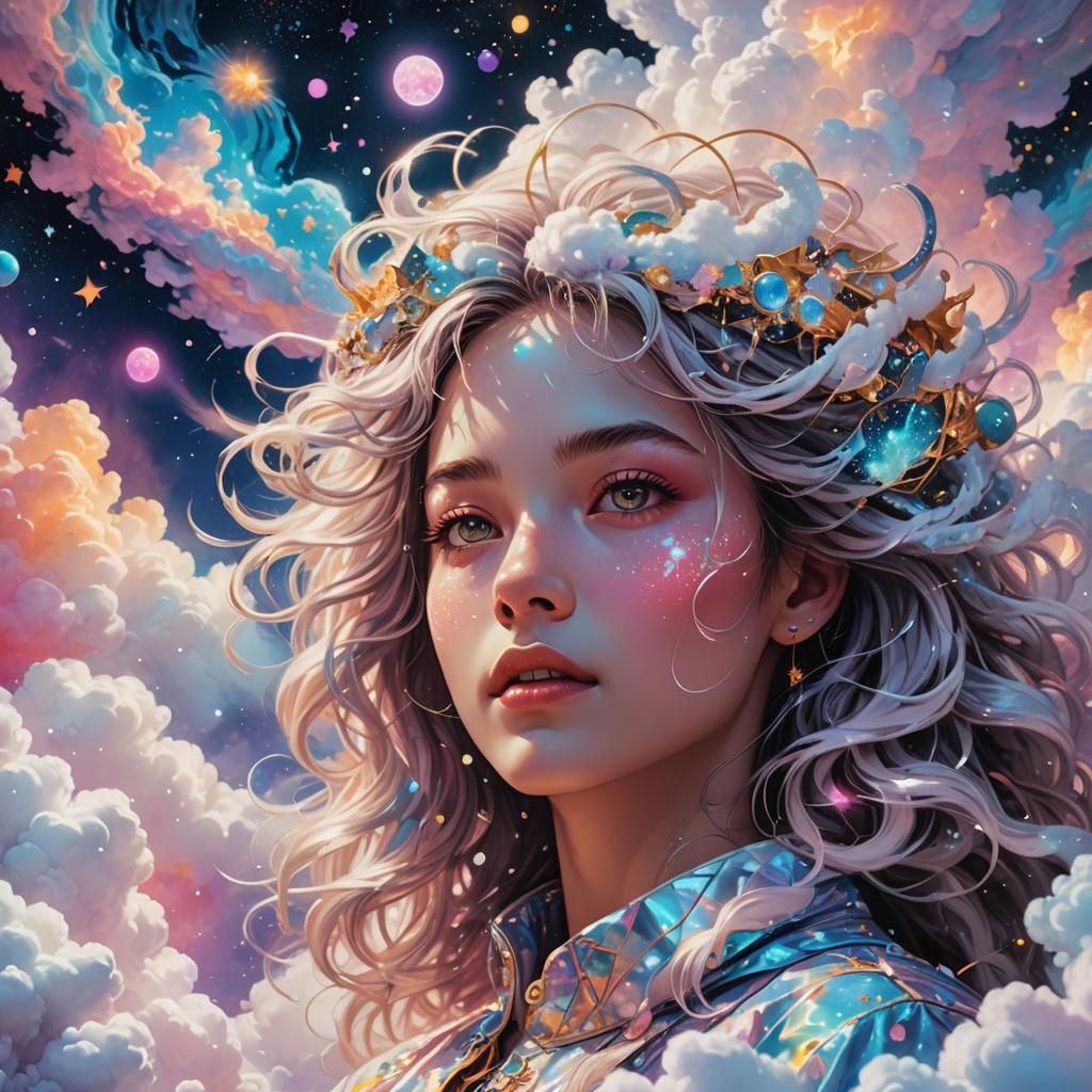 Dreamy Woman Sleeping on Cloud in Surreal Astral Art
