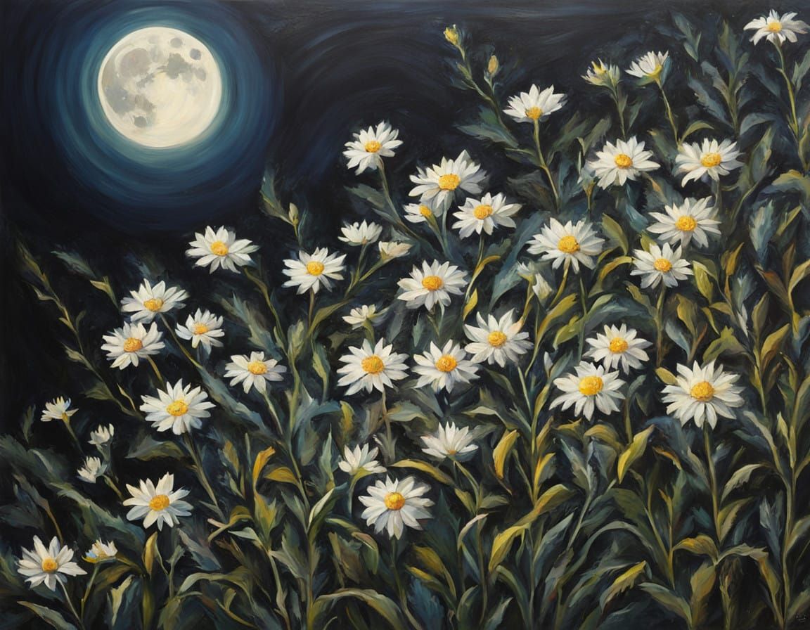 Moonlit Oil Painting of a Blooming Flower