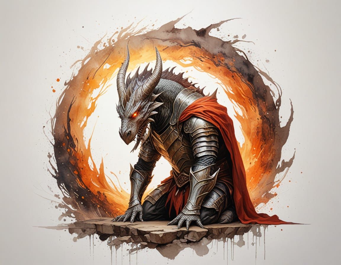 Knight and Dragon in Cave, Painterly Realism