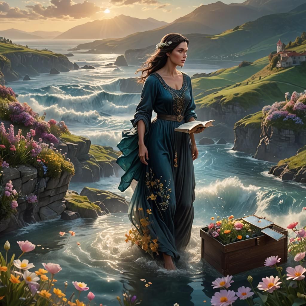Woman in Water Dress Gazing Over Valley at Sunrise