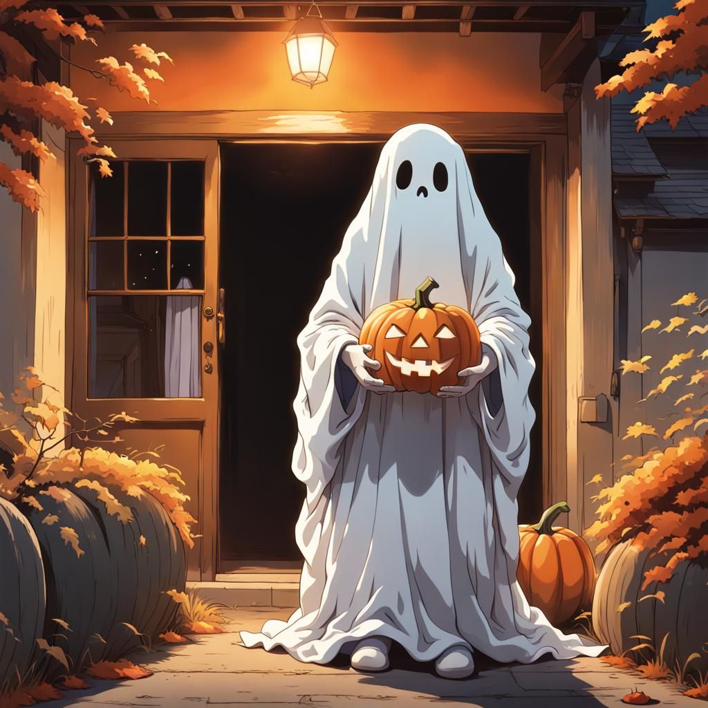 Halloween Ghost with Pumpkin in Studio Ghibli Style