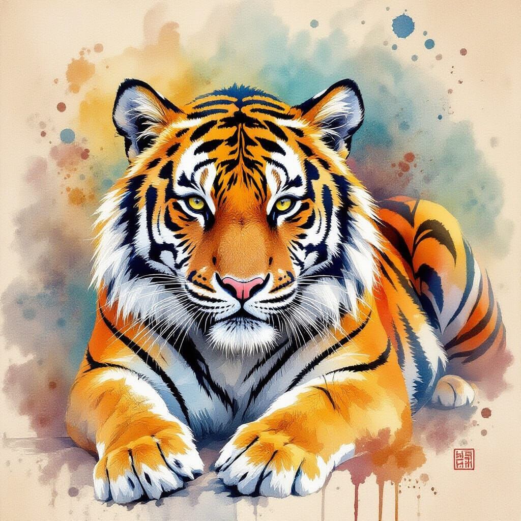 Majestic Tiger Watercolor Painting in Expressive Style
