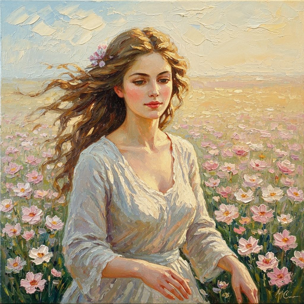 Impasto Oil Painting: Woman in Pastel Flower Field