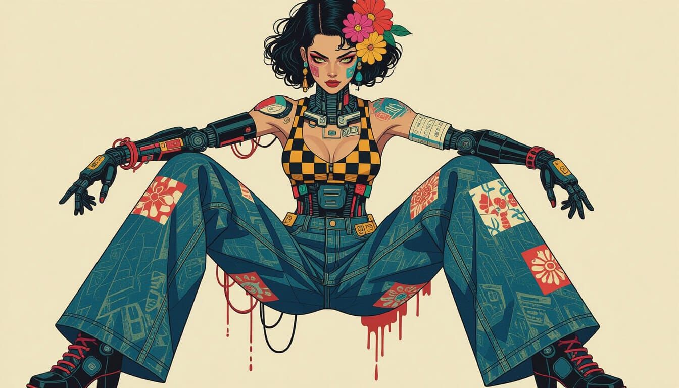 Cyborg with Flowers in Abstract Digital Art Style