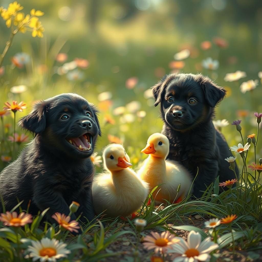 Puppies and Ducklings Play in a Lush Meadow