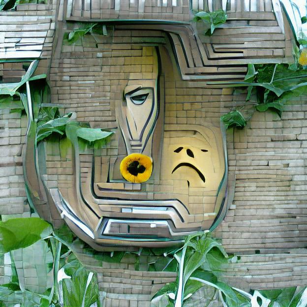Art Deco Sad Face in Sunflower Garden