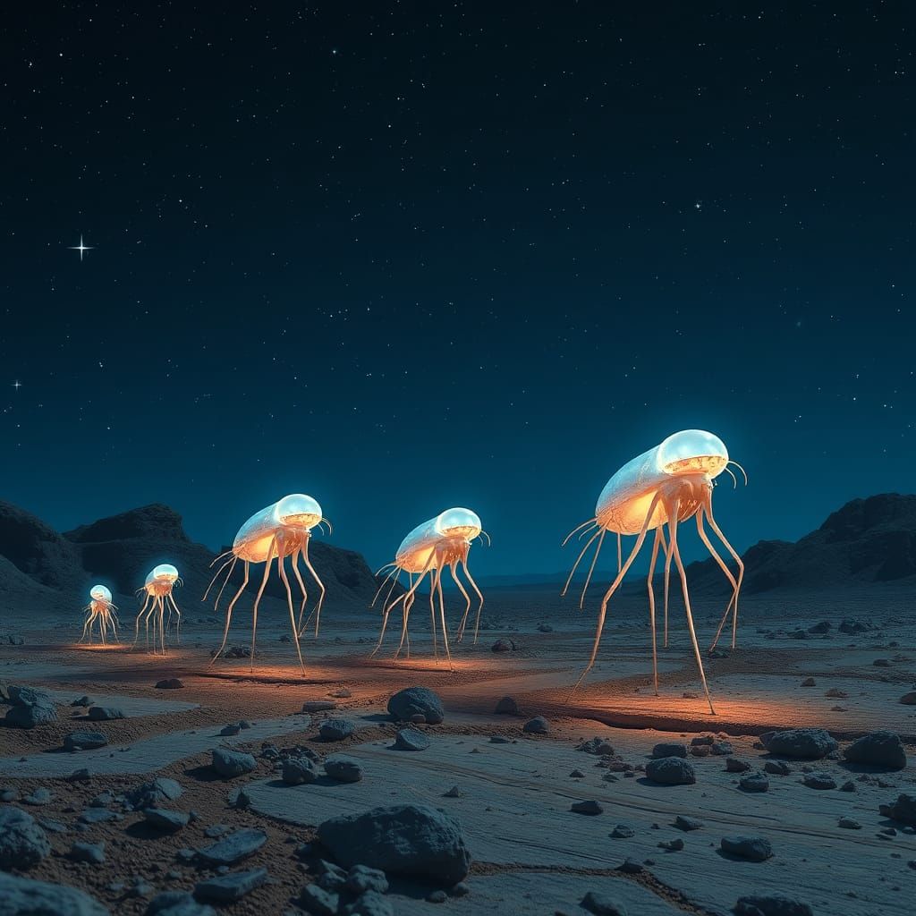 Bioluminescent Creatures on a Rocky Plain