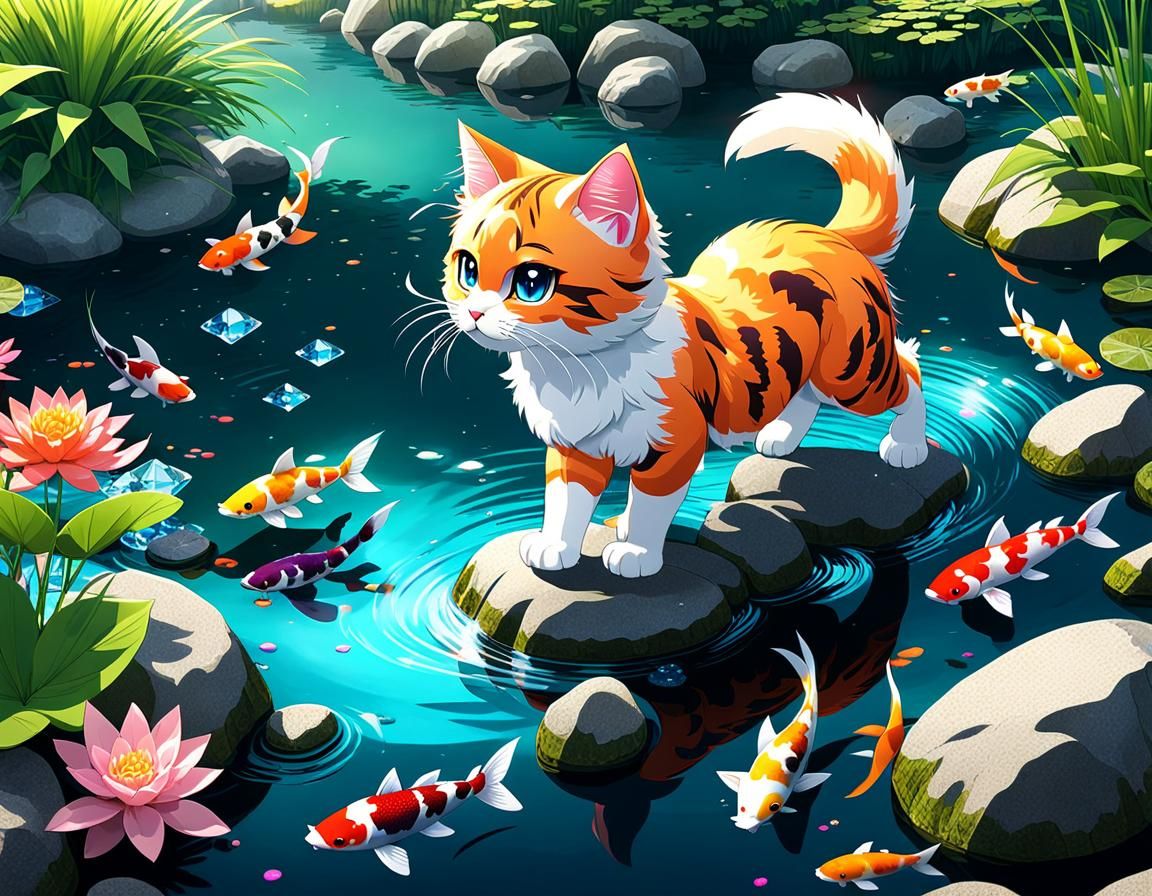Little cat and koi fish