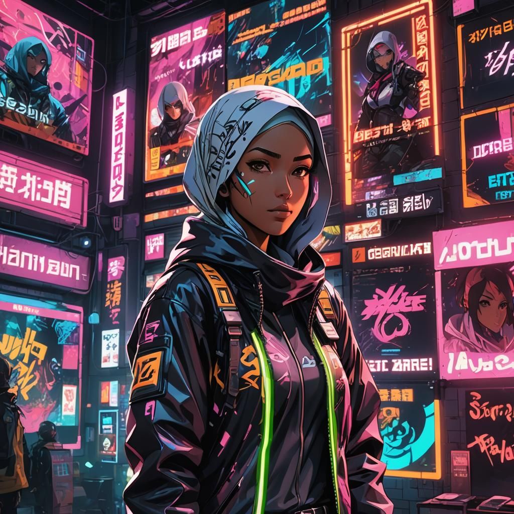 Cyberpunk Girl in Hijab Anime Concept Art