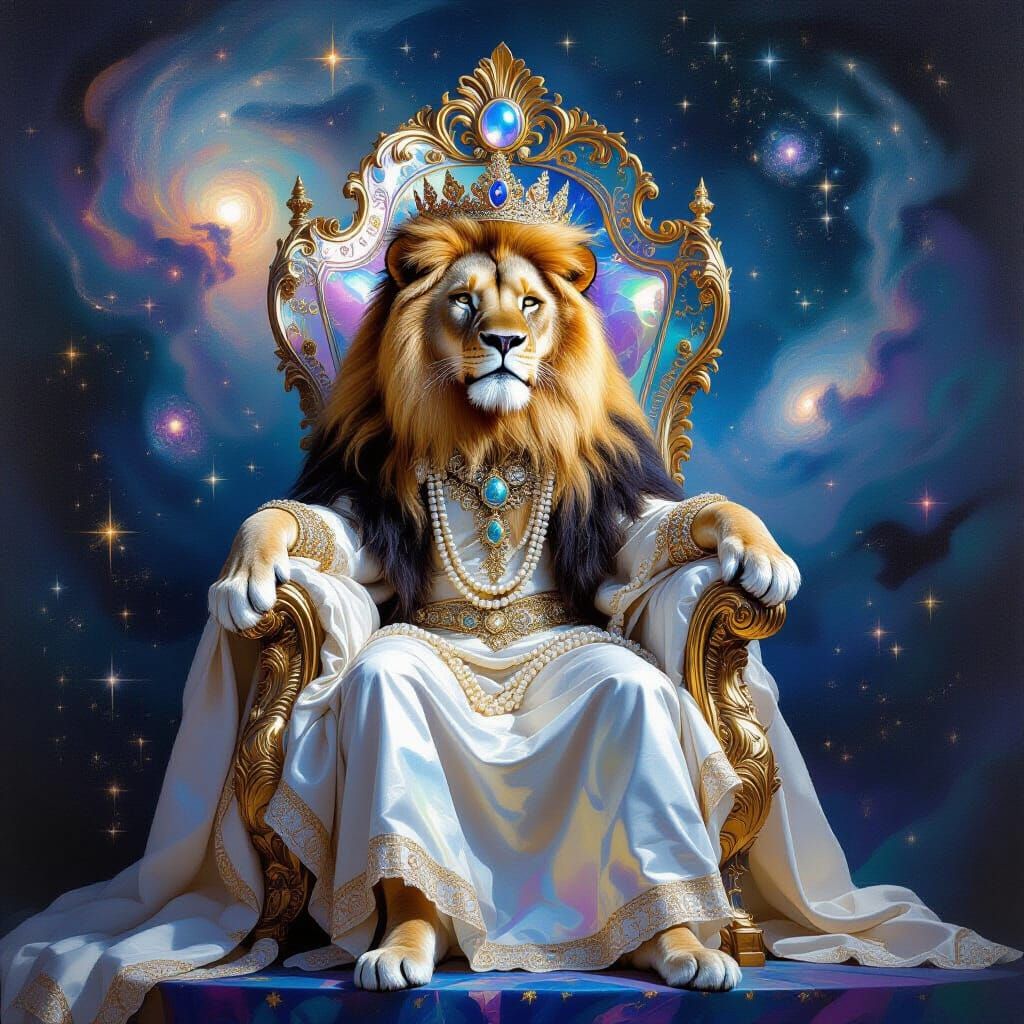 Majestic Lion on Moonstone Throne in Rococo Style