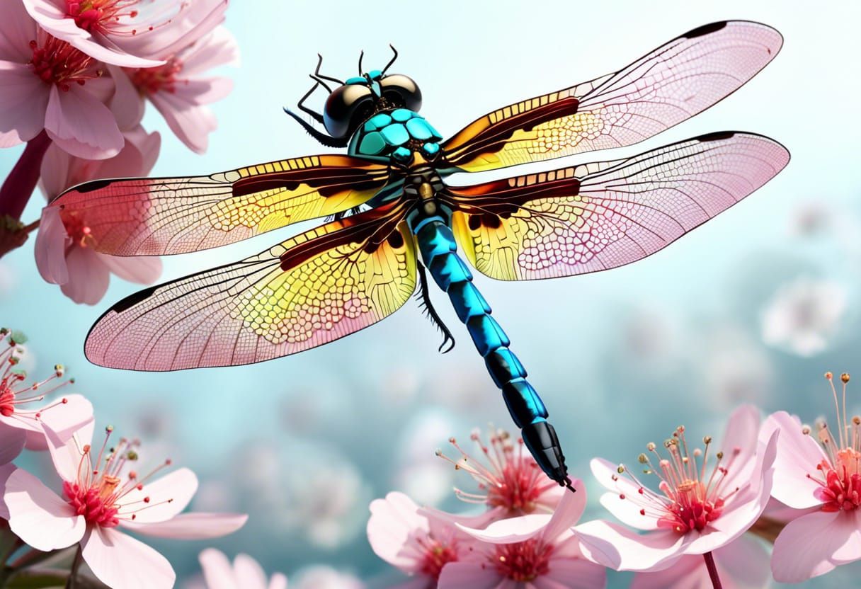 Detailed Dragonfly on Cherry Blossom, Digital Art