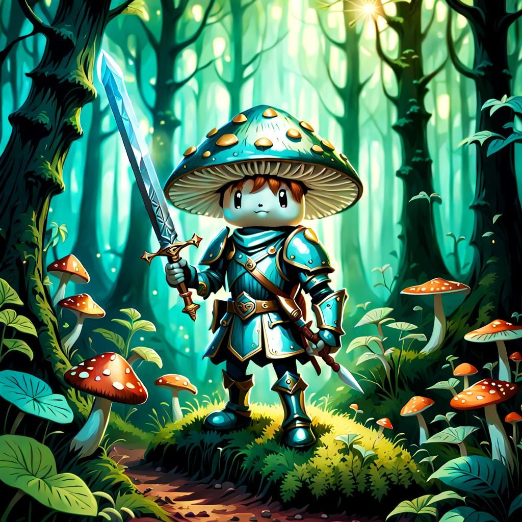 Mushroom Knight in Magical Forest: Fantasy Illustration