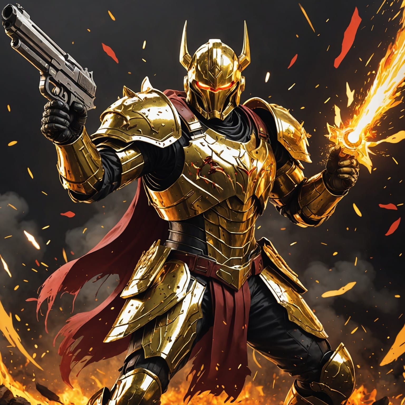 Golden Warrior in Fiery Battle: Cel-Shaded Anime Art