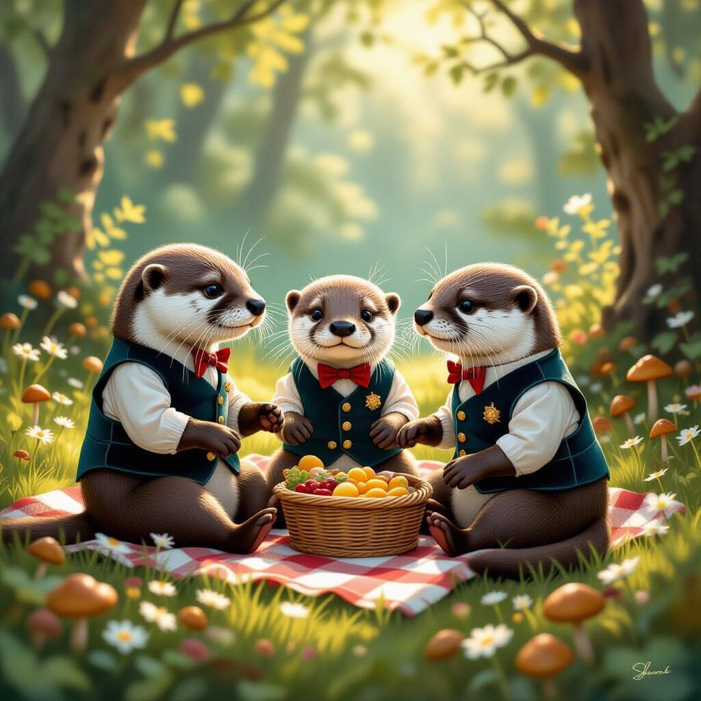 Otter Family Picnic in Sun-Dappled Forest