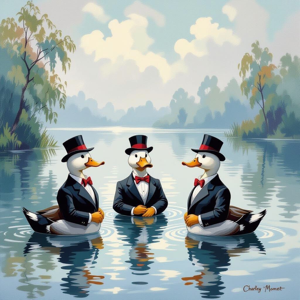 Ducks in Suits in Monet-Inspired Lake