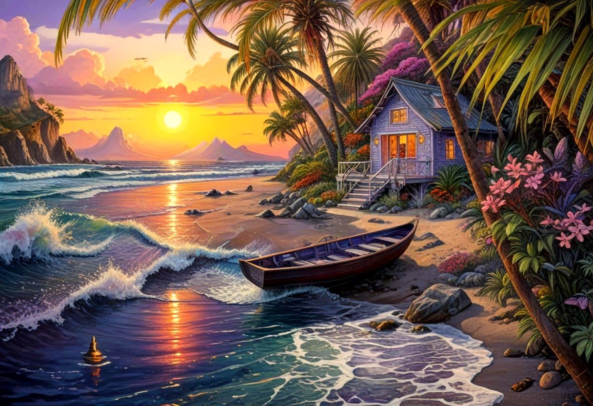 Surreal Beach Cabin with Volcanic Peaks