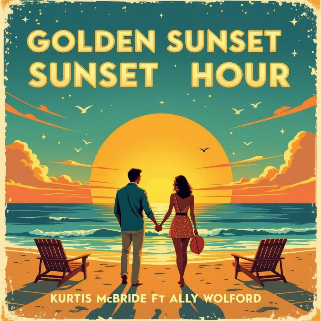 Retro 60s Nighttime Beach Scene in Warm Golden Light