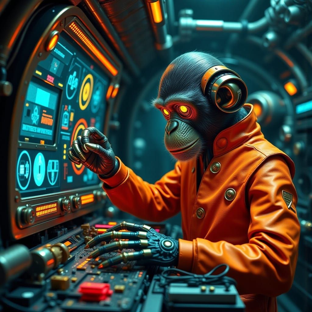 Monkey Pilot in Orange Jumpsuit Flies Spaceship Cockpit
