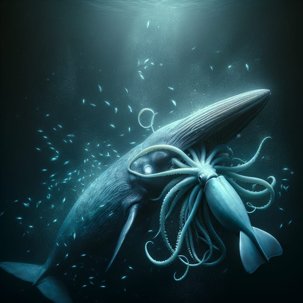 Sperm Whale Battles Colossal Squid in Dark Ocean Depths