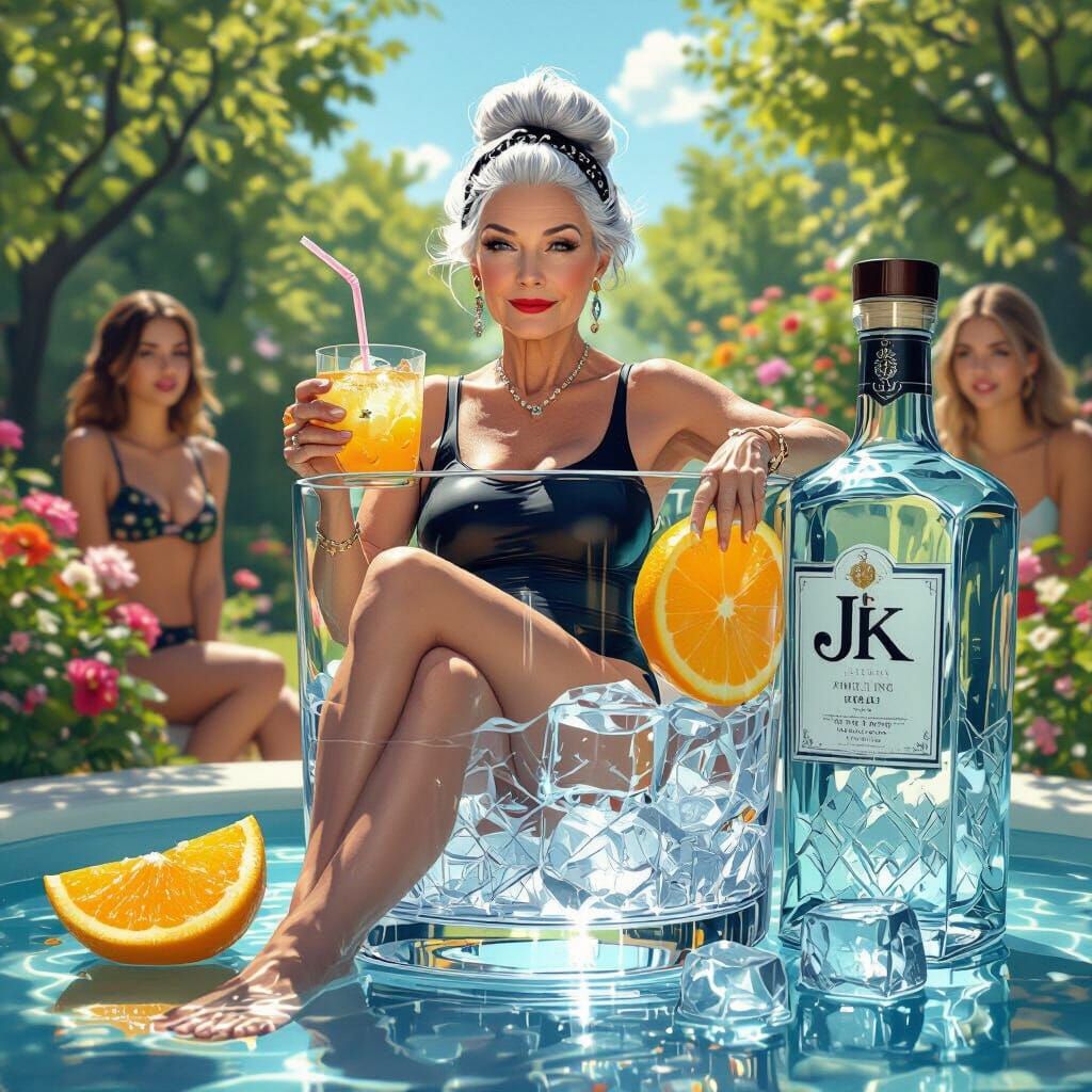 Elegant Woman in Gin Glass, Hyperrealistic Digital Art