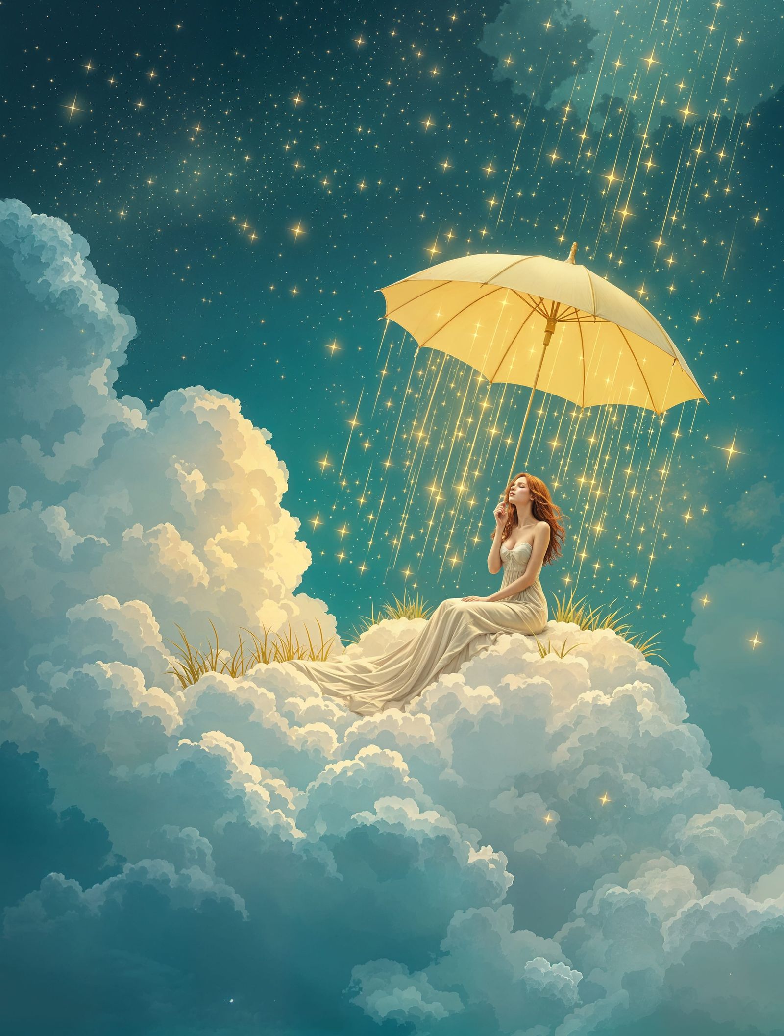 Surreal Cloudscape with Golden Light and Serene Figure