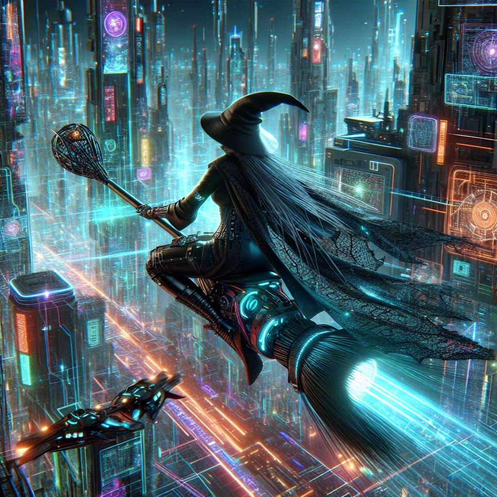 Cyberpunk Witch Rides Neon Energy Broom Over Cybercity