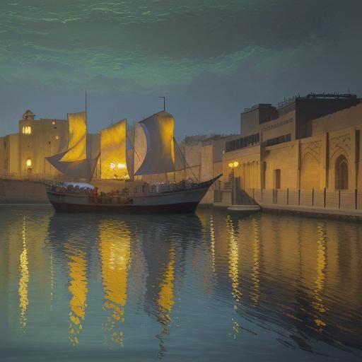 Xebec Ship Sails Past Persian Town in Neo-Impressionist Styl...