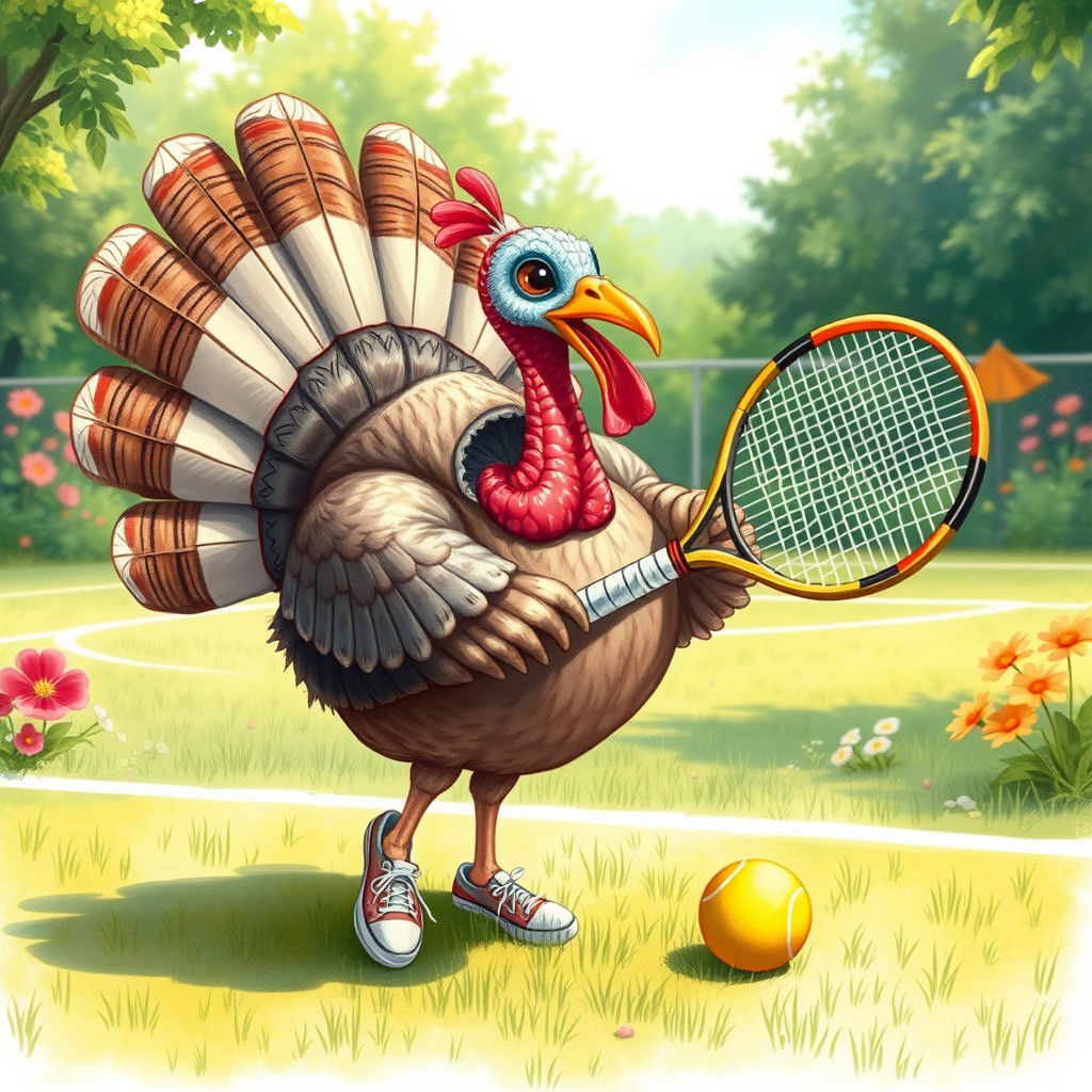 Turkey Tennis Star in Whimsical Illustration
