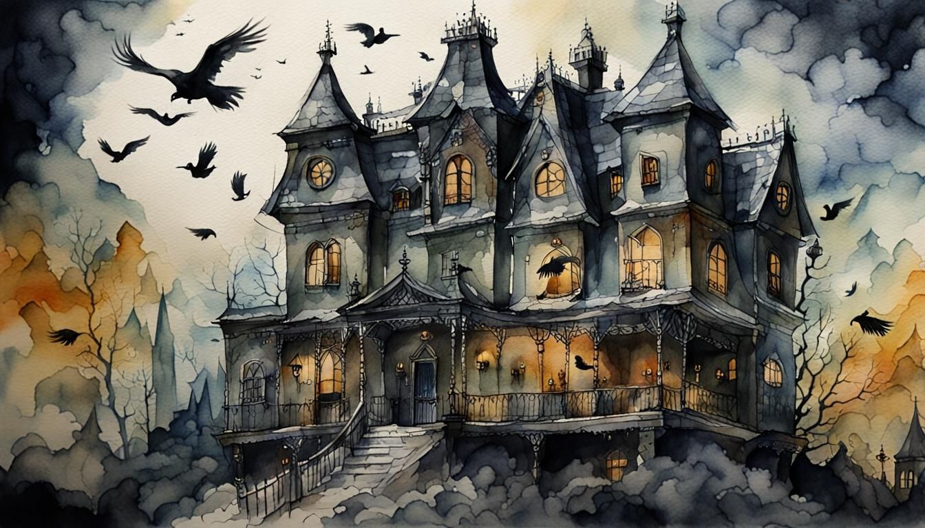 Watercolor Haunted Mansion Dollhouse with Crows