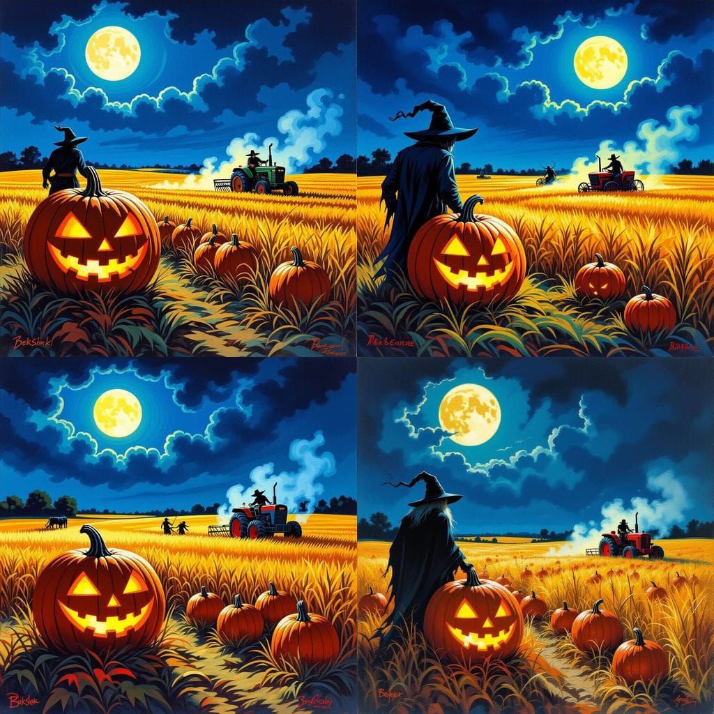Haunted Pumpkin Harvest Night Scene in 1970s Fantasy Style