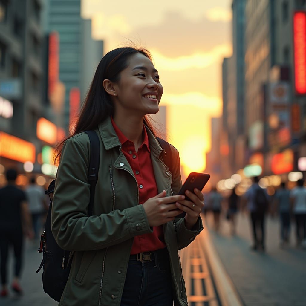 Filipino Teacher in Cityscape: Cinematic Sci-Fi Blend