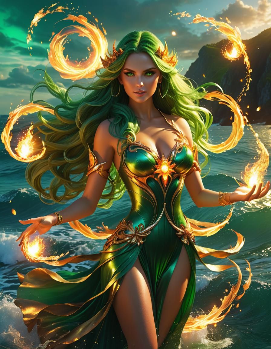 Elemental Fairy Practicing Fire Magic in the Ocean