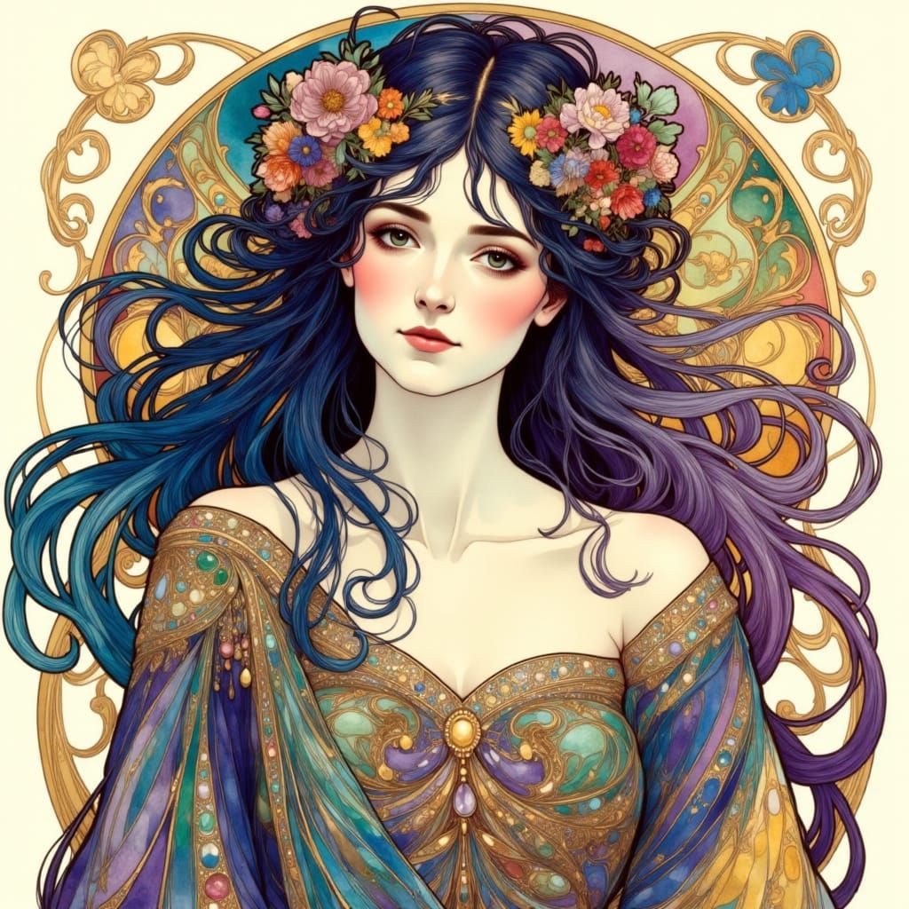 Art Nouveau Portrait in Watercolor and Ink with Gold Foil