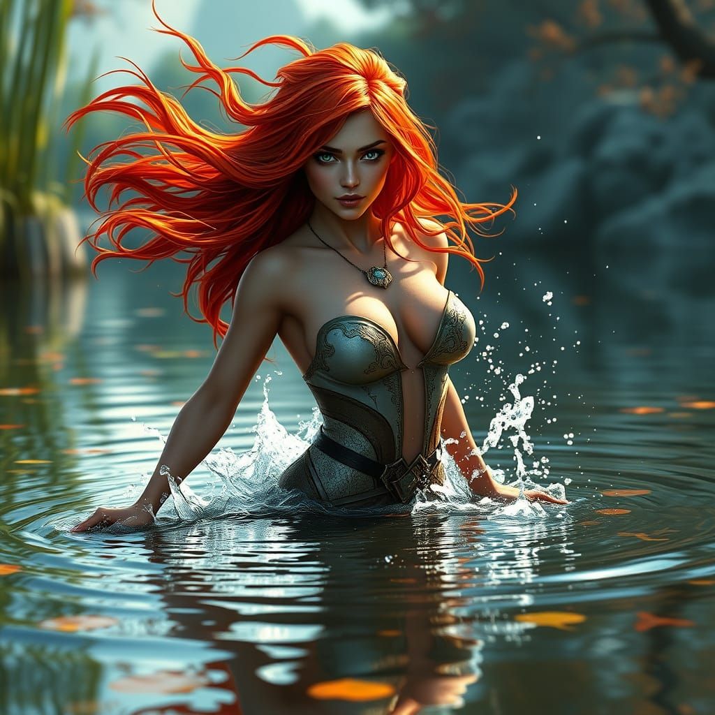 Ambitious Woman Splashing in Pond as Matte Painting