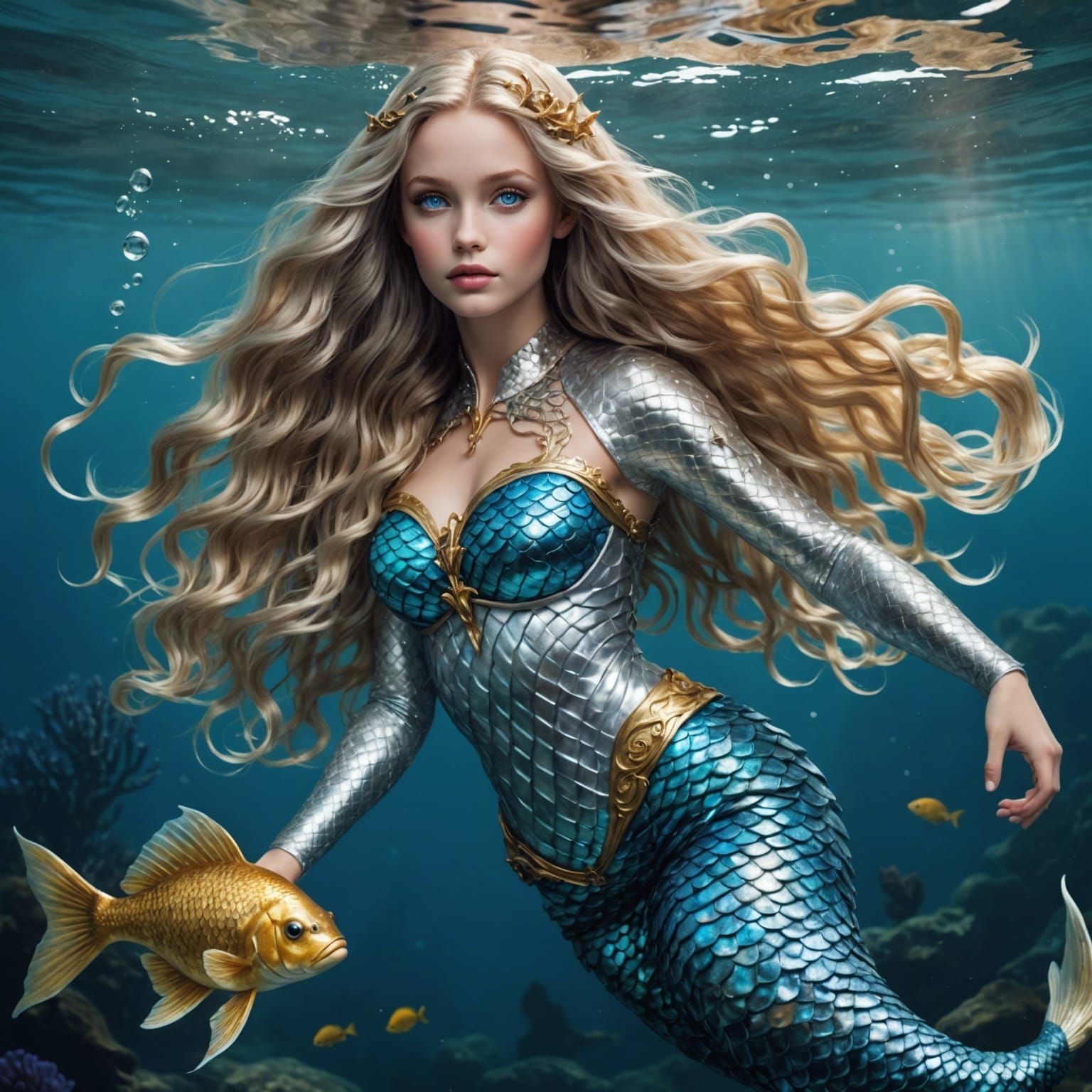 Silver and Blue Mermaid in Deep Water