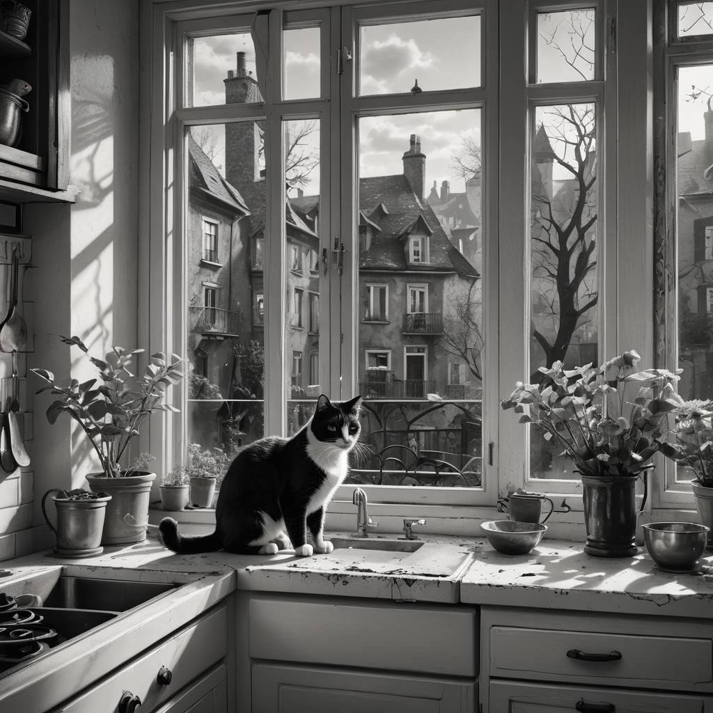 Monochrome Kitchen Scene with Cat, Detailed Matte Painting