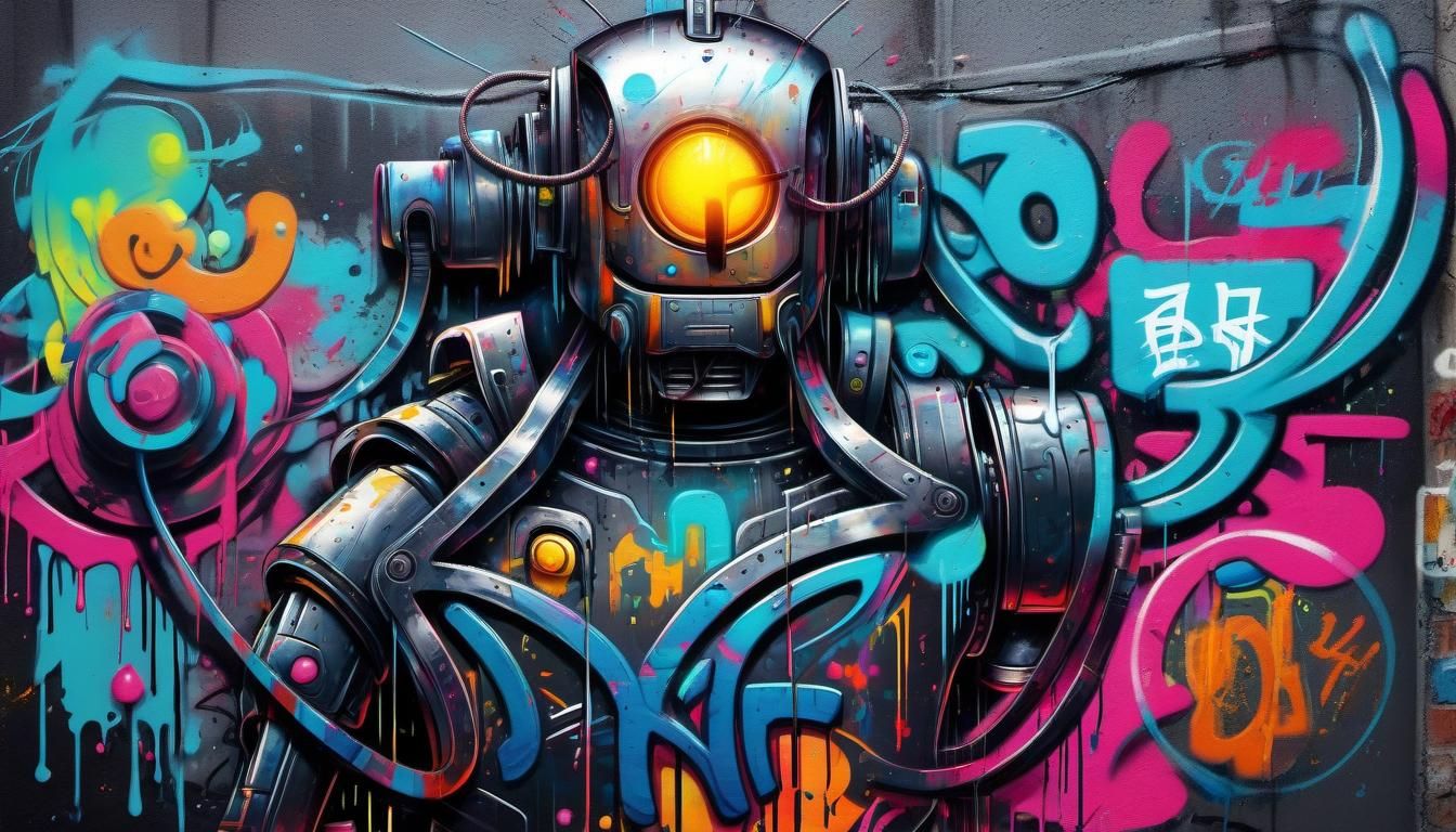 Robot Graffiti in Dark City: Colorful Street Art