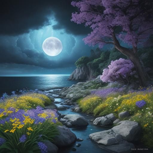 Hyperrealistic Moonlit Seascape with Flowering Trees