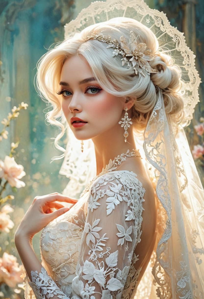 Lace Wedding Dress Portrait in Watercolor Style