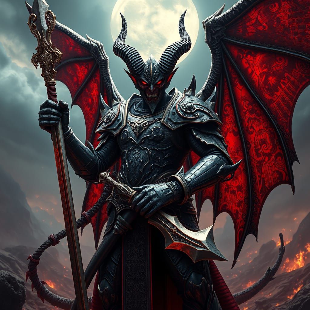 Cyberpunk Devil Confronts Apocalyptic Landscape