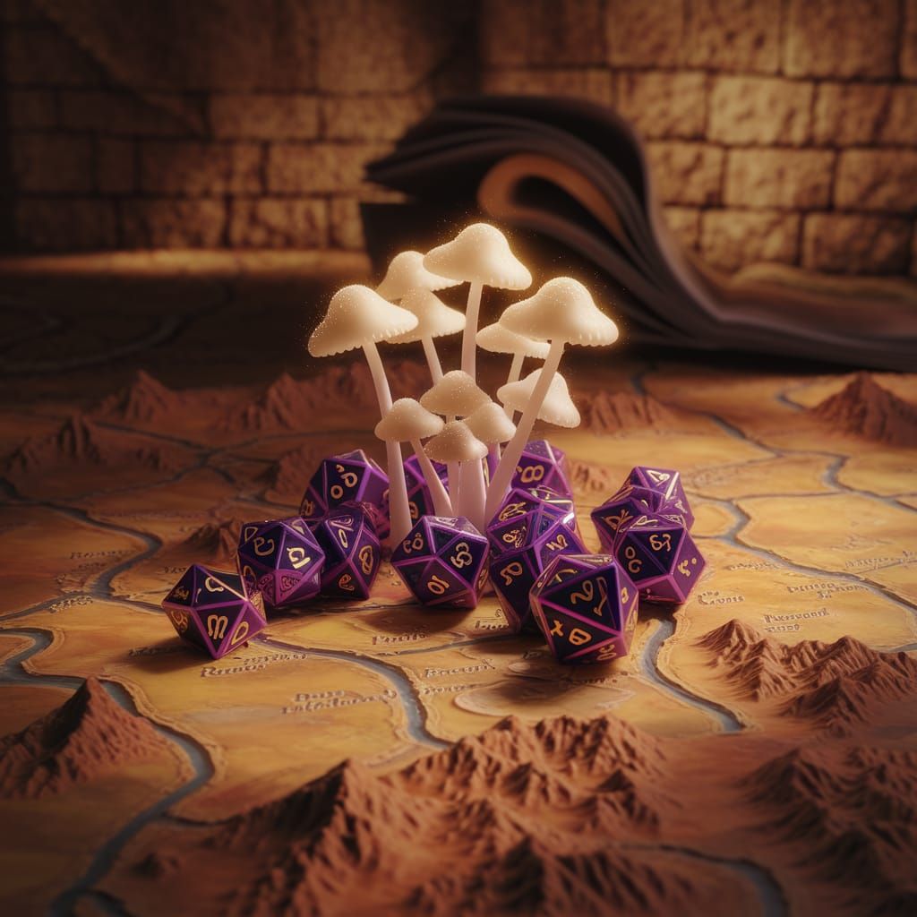 Colorful D&D Dice on Fantasy Map with Glowing Mushrooms