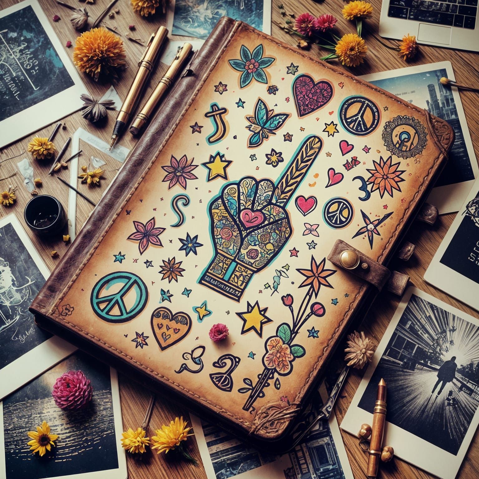 Leather Journal with Doodles and Pressed Flowers