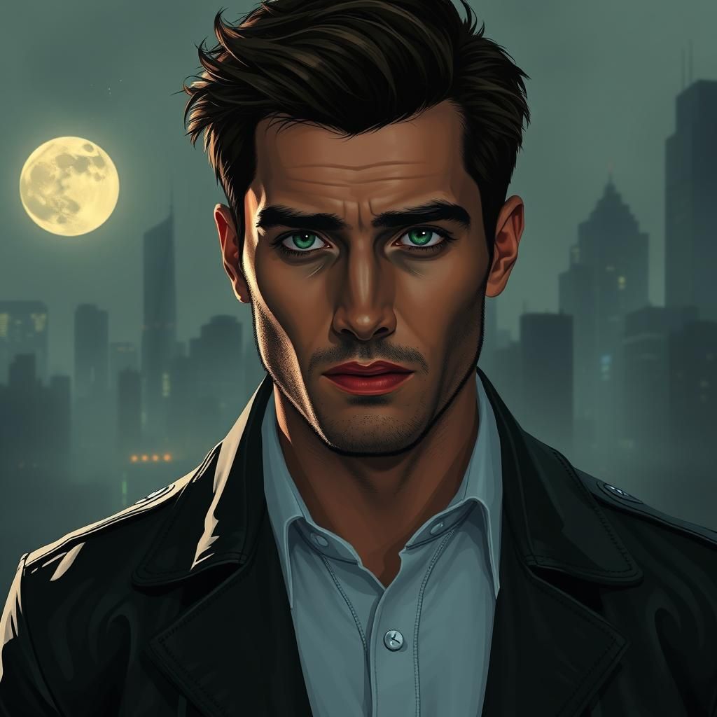 Green-Eyed Man in Noir Cityscape, Digital Art