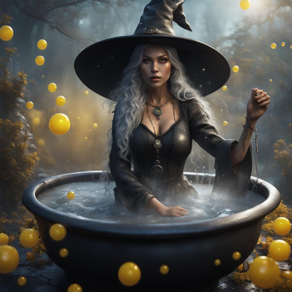 Witch in Cauldron Bath: Detailed Matte Painting