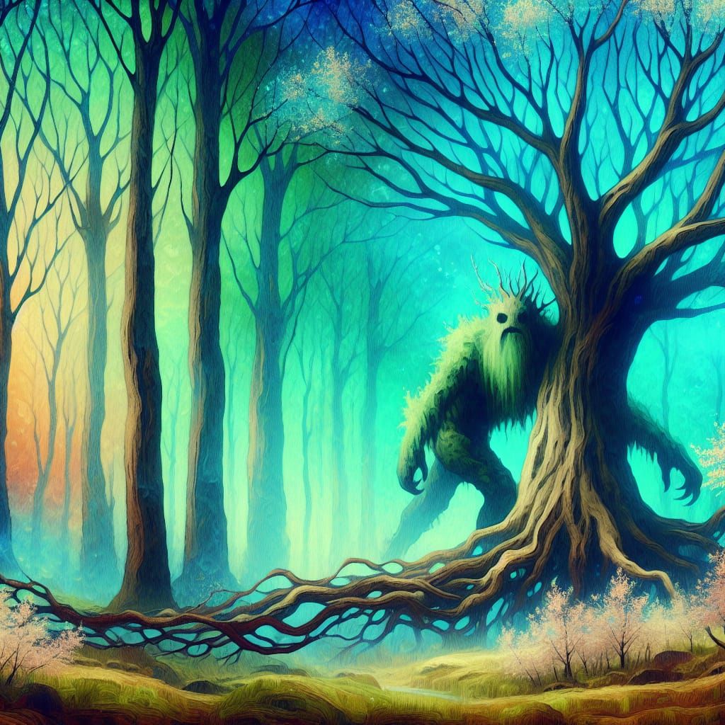 Surreal Tree Monster Emerges in Springtime Forest Scene