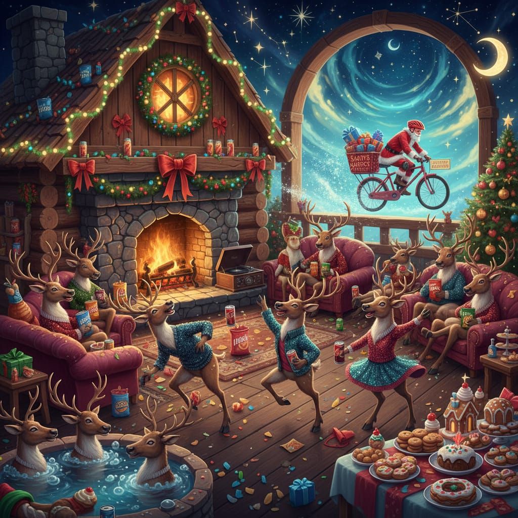 The Raindeer are all at the Raindeer retreat. Santa took a bicycle out to deliver Christmas. The Raindeer are all drinki...
