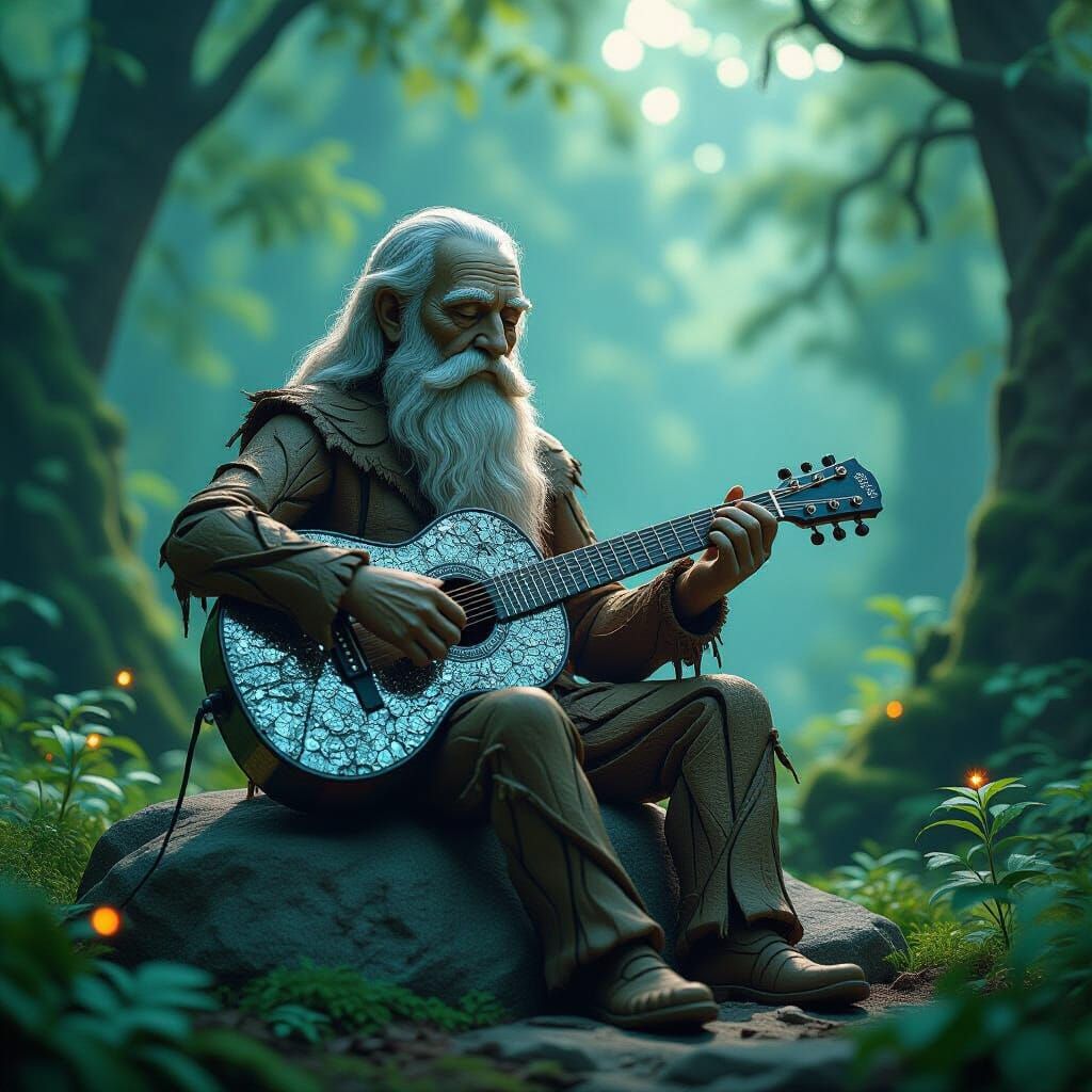 Clay and Bark Man Plays Guitar in Forest