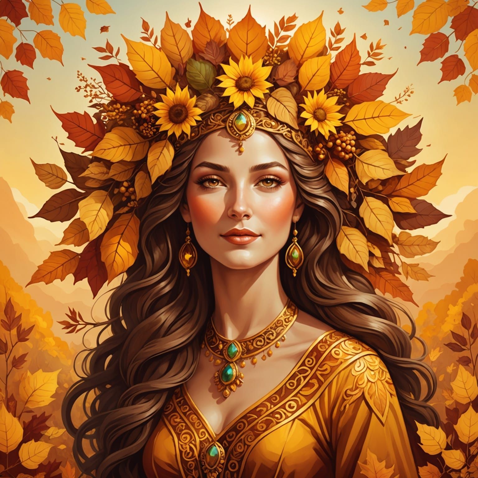 Radiant Autumn Goddess in Golden Light