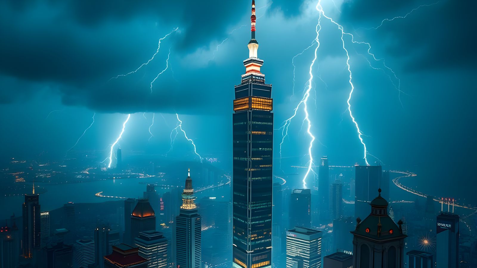 Taipei 101 During Thunderstorm from Drone View