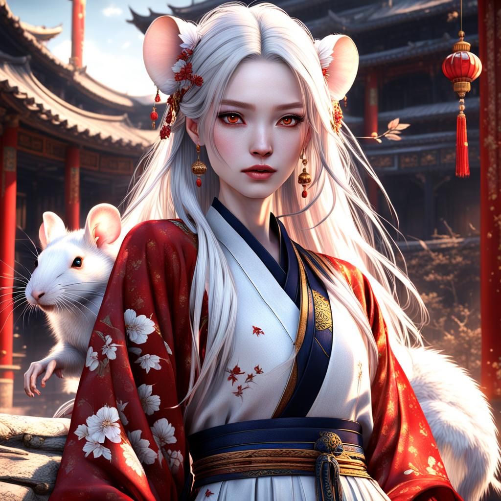 Girl in Kimono with Rat: Fantasy Art